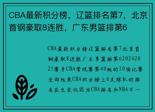 CBA最新积分榜，辽篮排名第7，北京首钢豪取8连胜，广东男篮排第6