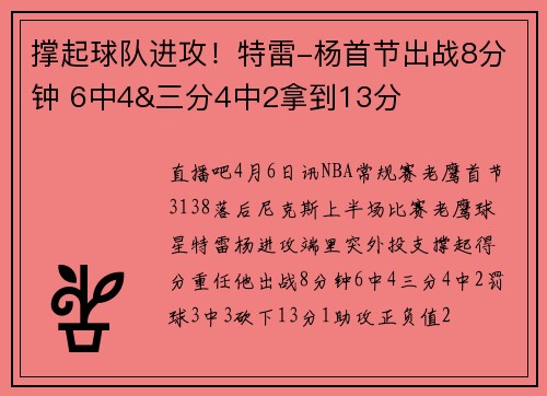 撑起球队进攻！特雷-杨首节出战8分钟 6中4&三分4中2拿到13分