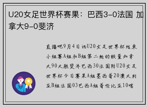 U20女足世界杯赛果：巴西3-0法国 加拿大9-0斐济